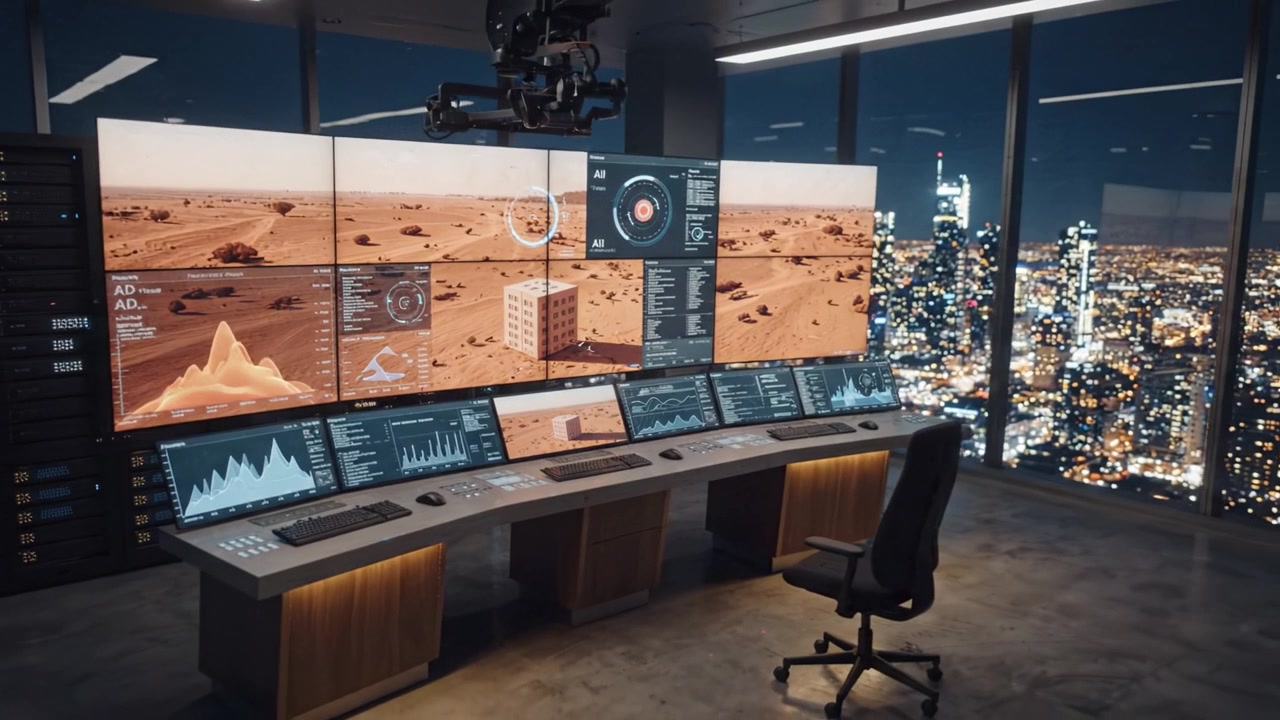 Una sala di controllo avanzata con vista su una città, dotata di display ad alta tecnologia e visualizzazioni del paesaggio marziano in un ambiente d'ufficio moderno