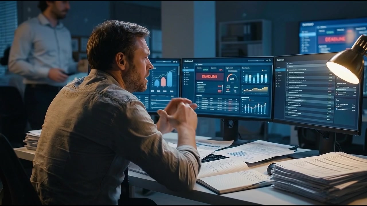 Stressed Businessman Working Late at Night in Office