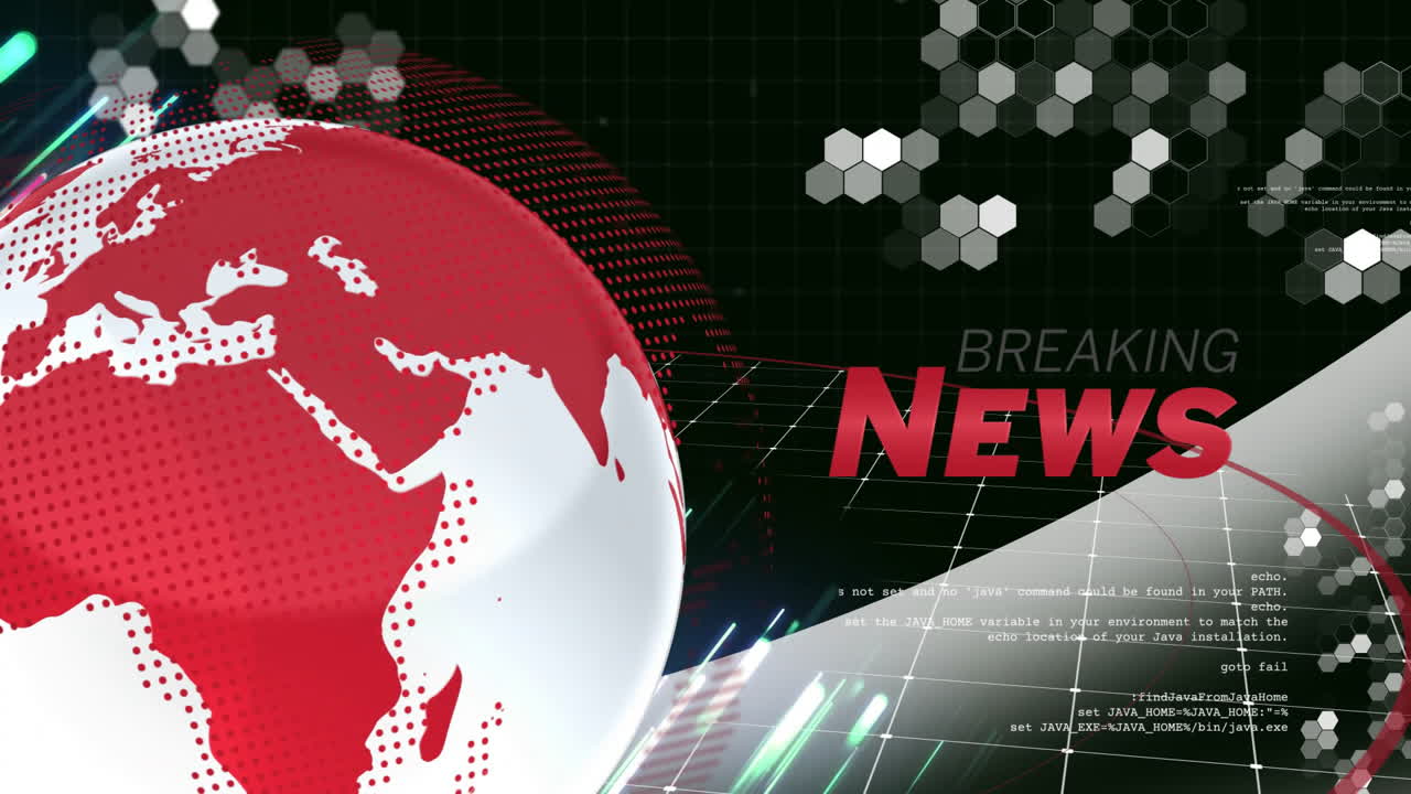 Animation of breaking news headline with red globe and digital data elements