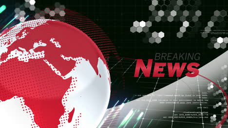 animation of breaking news headline with red globe and digital data elements