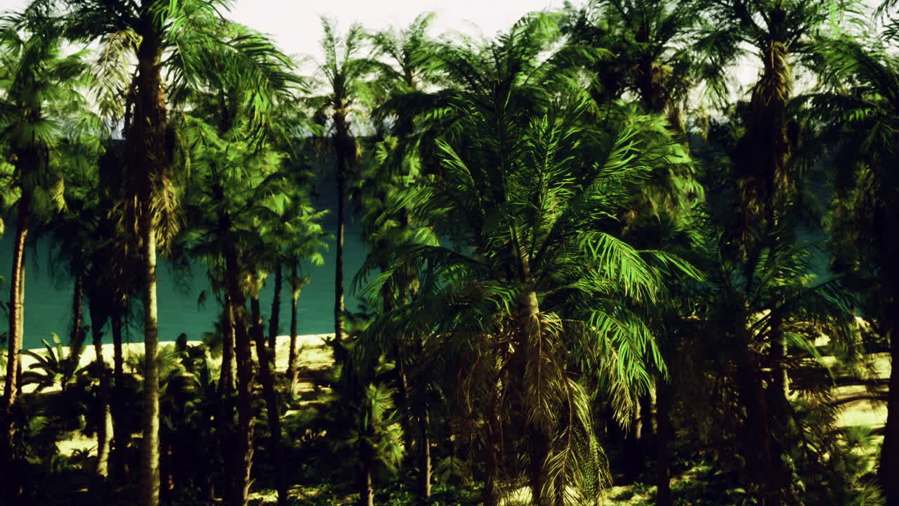 Lush tropical landscape with palm trees by a calm blue ocean