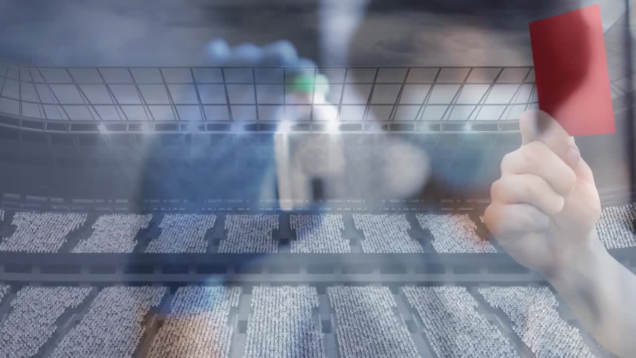 축구 경기에서 빨간 카드를 들고 있는 심판과 코로나 백신을 들고 있는 마스크를 쓴 의사의 애니메이션