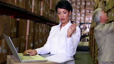gerente de almacén trabajando en una computadora portátil