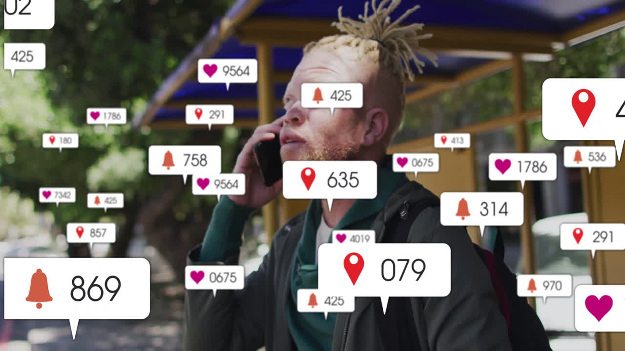 Talking on phone, man surrounded by animation of social media notifications