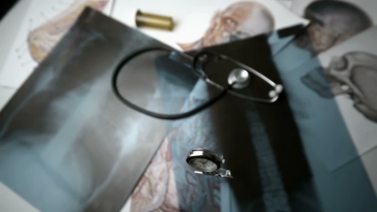 Pocket watch falling onto table of xrays and medical diagrams and stethoscope