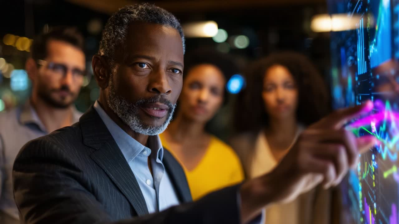 A focused business professional engaging with a digital interface, illustrating teamwork and collaboration in a modern workspace, emphasizing innovation and analytical thinking among colleagues