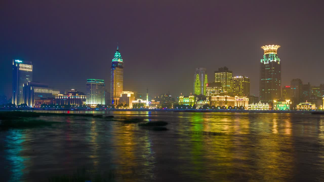 night illumination shanghai cityscape riverside bay panorama 4k time lapse china