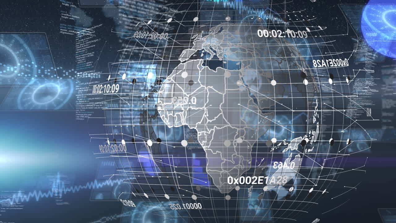 Animation of data processing and globe over blue background