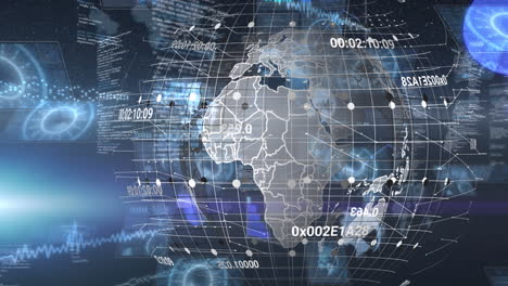 animation of data processing and globe over blue background
