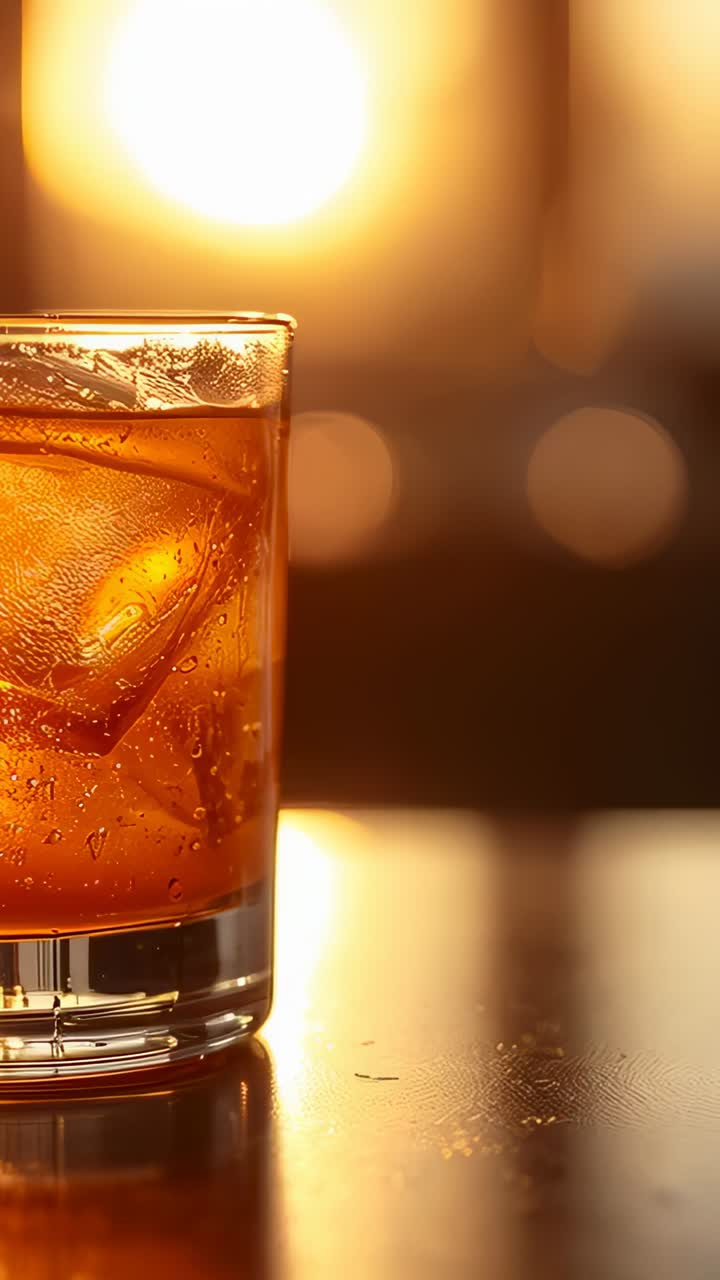 Vertical video: Moving camera revealing tumbler glass with ice and peel on bartop showing warm glow