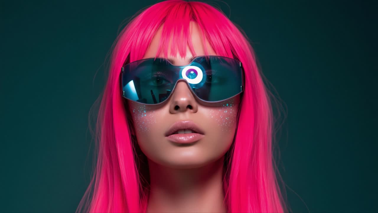 A striking portrait of a model with vibrant pink hair and trendy sunglasses, exuding a sense of fashion-forward confidence and playful style in a captivating, colorful aesthetic
