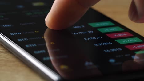 persona que utiliza un teléfono móvil para ver los precios de las criptomonedas