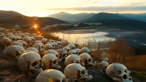 a large group of skulls sitting on top of a hillside next to a river