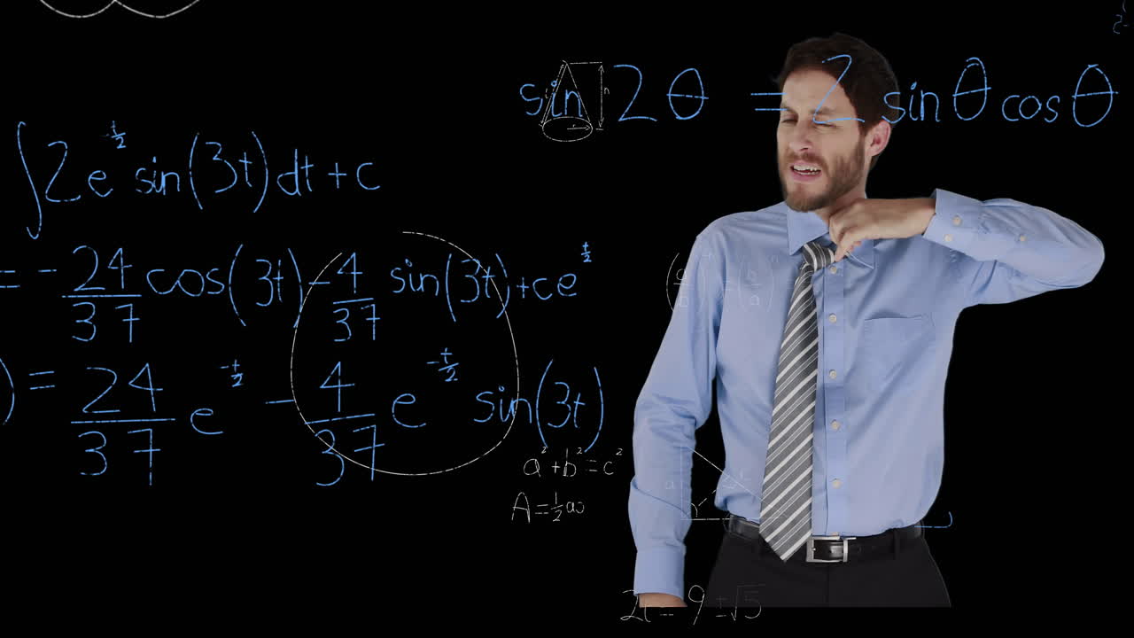 animación de un hombre de negocios caucásico sobre ecuaciones matemáticas en fondo negro