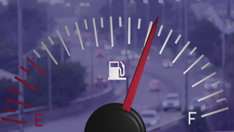 Animation-of-speedometer-against-aerial-view-of-city-traffic