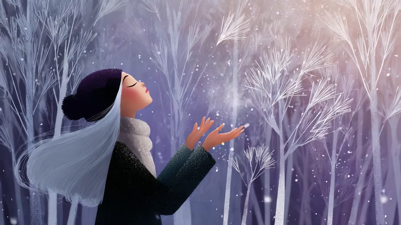 A serene winter scene featuring a woman with long hair in a cozy scarf, enjoying the magical ambiance of falling snowflakes amidst frosty trees in a tranquil forest setting