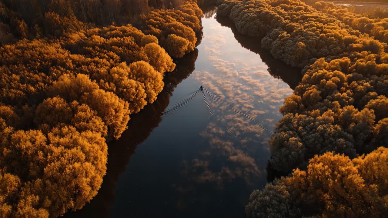 Serene Landscapes: A Tranquil Boat Journey Through Lush Autumn Forests Reflecting Golden Hues on a Calm River Surface at Sunset