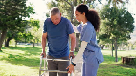 Senior-man,-walking-and-nurse-in-garden