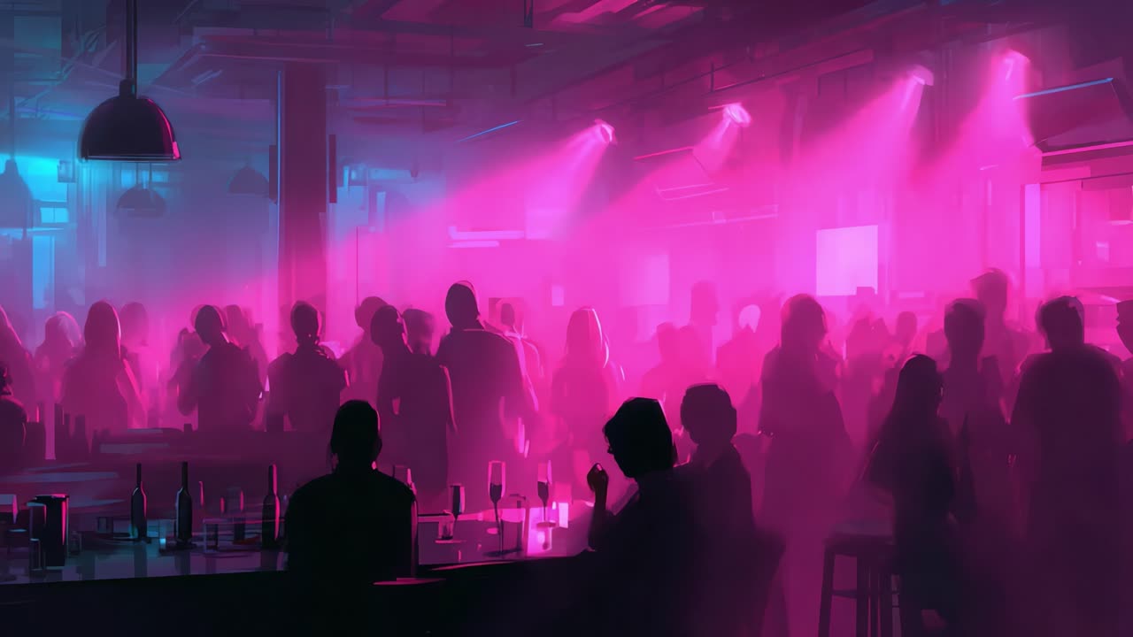 Neon pembe ve mavi ışıklar altında dans eden enerjik bir kalabalığın ve dinamik aydınlatmanın bulunduğu hareketli gece kulübü sahnesi