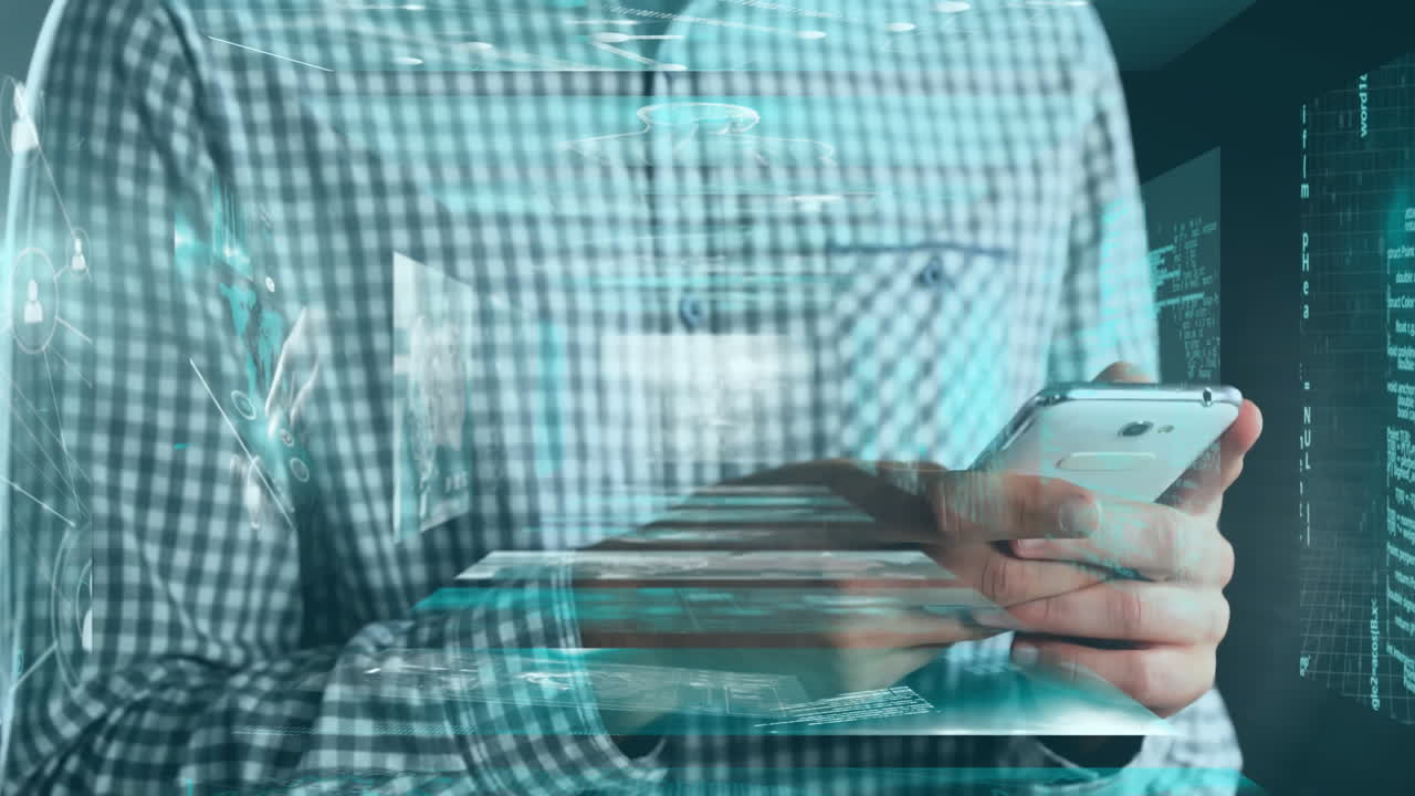 Using smartphone, person interacting with digital data and animation overlays