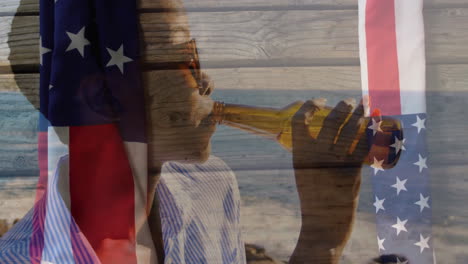 drinking from bottle, person with american flag and wooden texture animation