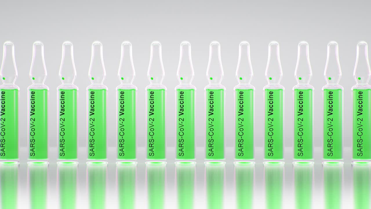 Coronavirus Covid -19 vaccine ampule. SARS-CoV-2. Vaccine batch 3d rendering animation. Seamless loop 4k