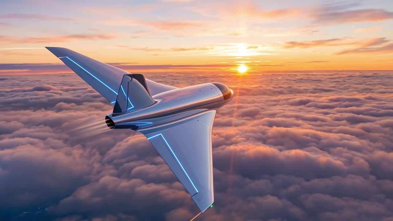 Aeronave a jato prateada futurista voando alto acima de uma espessa camada de nuvens durante um pôr do sol dourado.