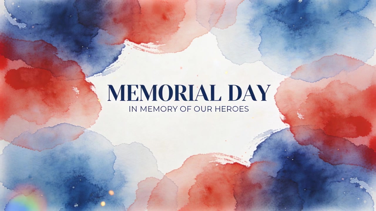 Titolo iniziale MEMORIAL DAY che rimane sulla schermata del titolo mentre una sfumatura rosso-blu si muove con un bagliore, onorando gli eroi