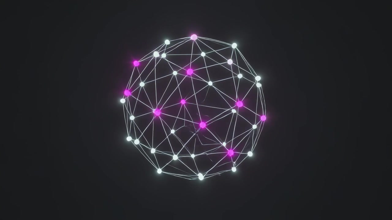 Animating frame sequence driving spherical network rotating and pulsing magenta nodes in dark void