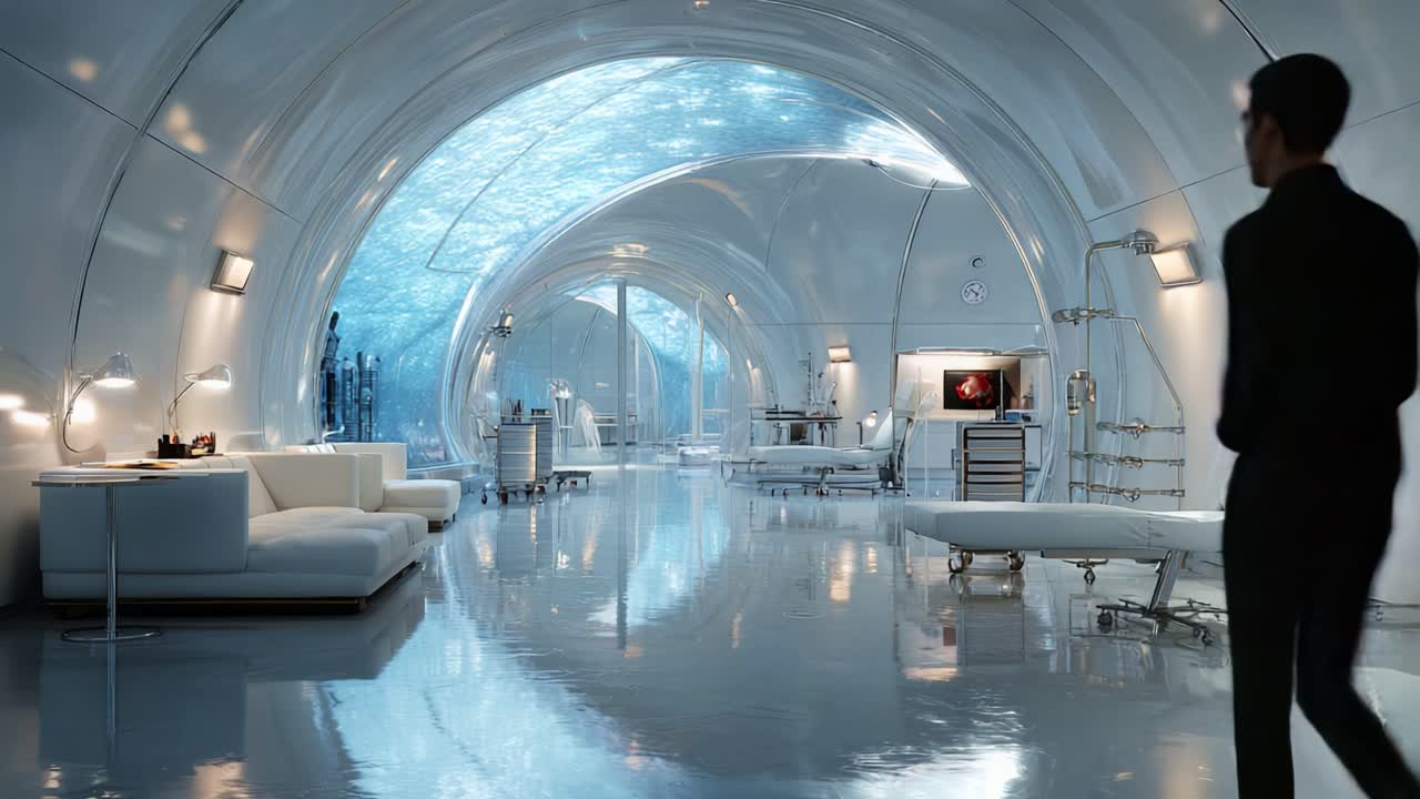 Futuristic Medical Facility with a Watery Overview: An Interior Exploration of a Sleek, Modern Hospital Space Featuring Advanced Equipment, Clean Lines, and Unique Architecture