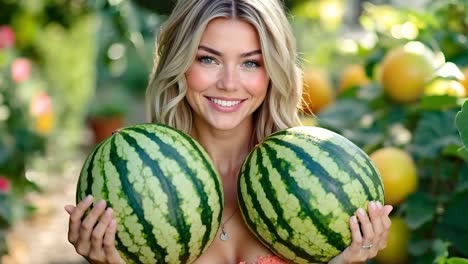 a woman holding two watermelons in her hands