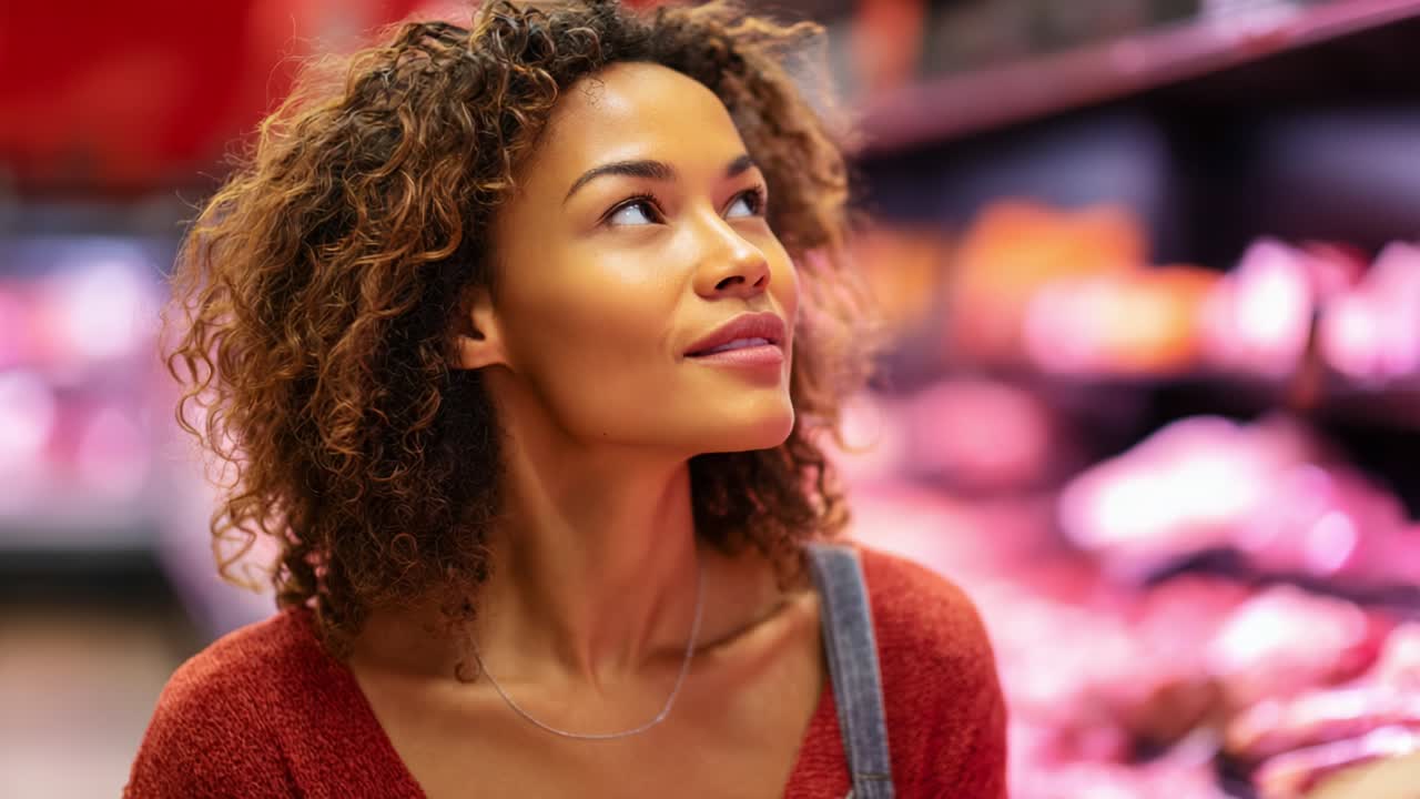 A contemplative moment captured in a vibrant grocery store aisle, highlighting a woman as she reflects on her surroundings with a serene expression while surrounded by colorful displays of food