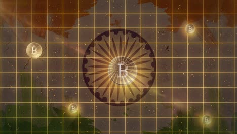 animation of flag of india and bitcoins falling