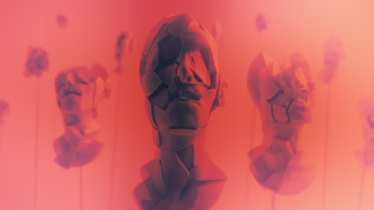 Destroyed android heads on spikes on the neon pink background