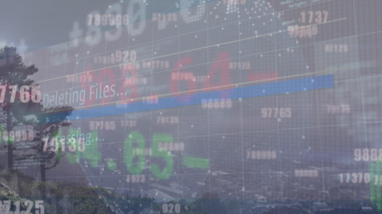 지구를 형성하는 점의 애니메이션, 거래 보드, 산과 은 하늘의 공중 시야 위의 숫자