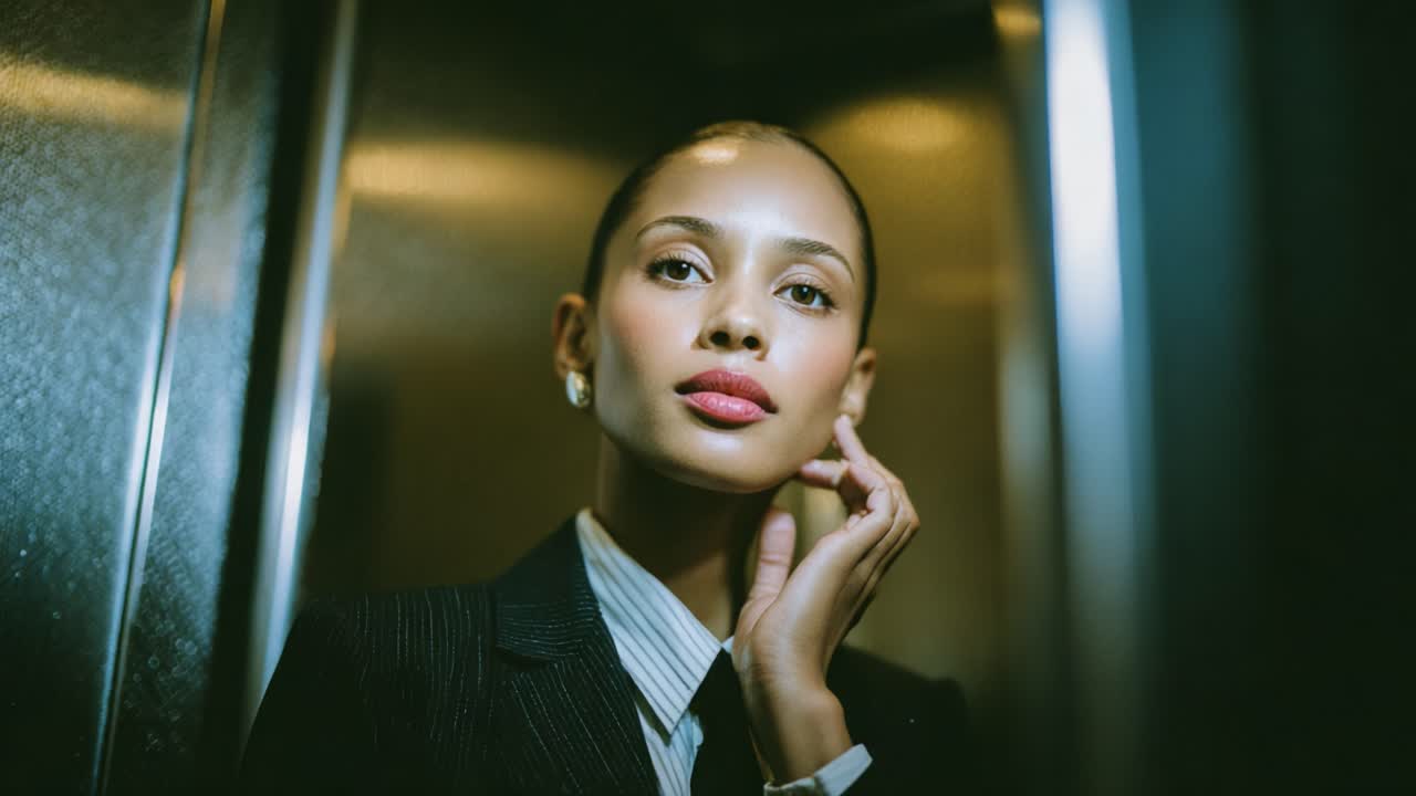 Et eftertænksomt øjeblik i en elevator: Indfang elegancen og fatningen hos en professionel kvinde, der reflekterer over livsvalg