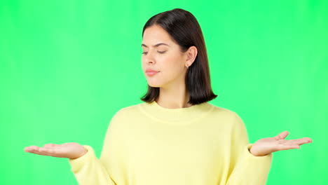 Woman,-green-screen-and-open-hands-for-decision