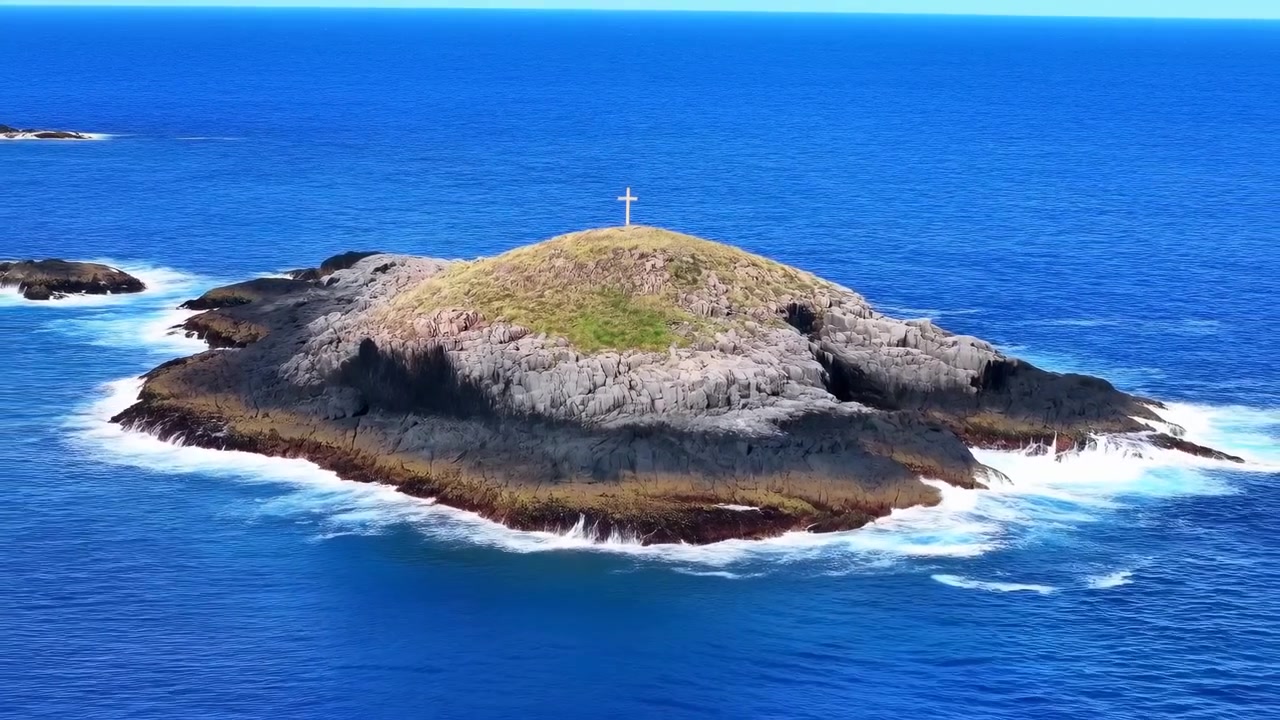 草の生い茂る頂上に孤独な白い十字架が立つ小さな岩の小島の空撮。波と泡立つ波しぶきのある深い青い海に囲まれている。