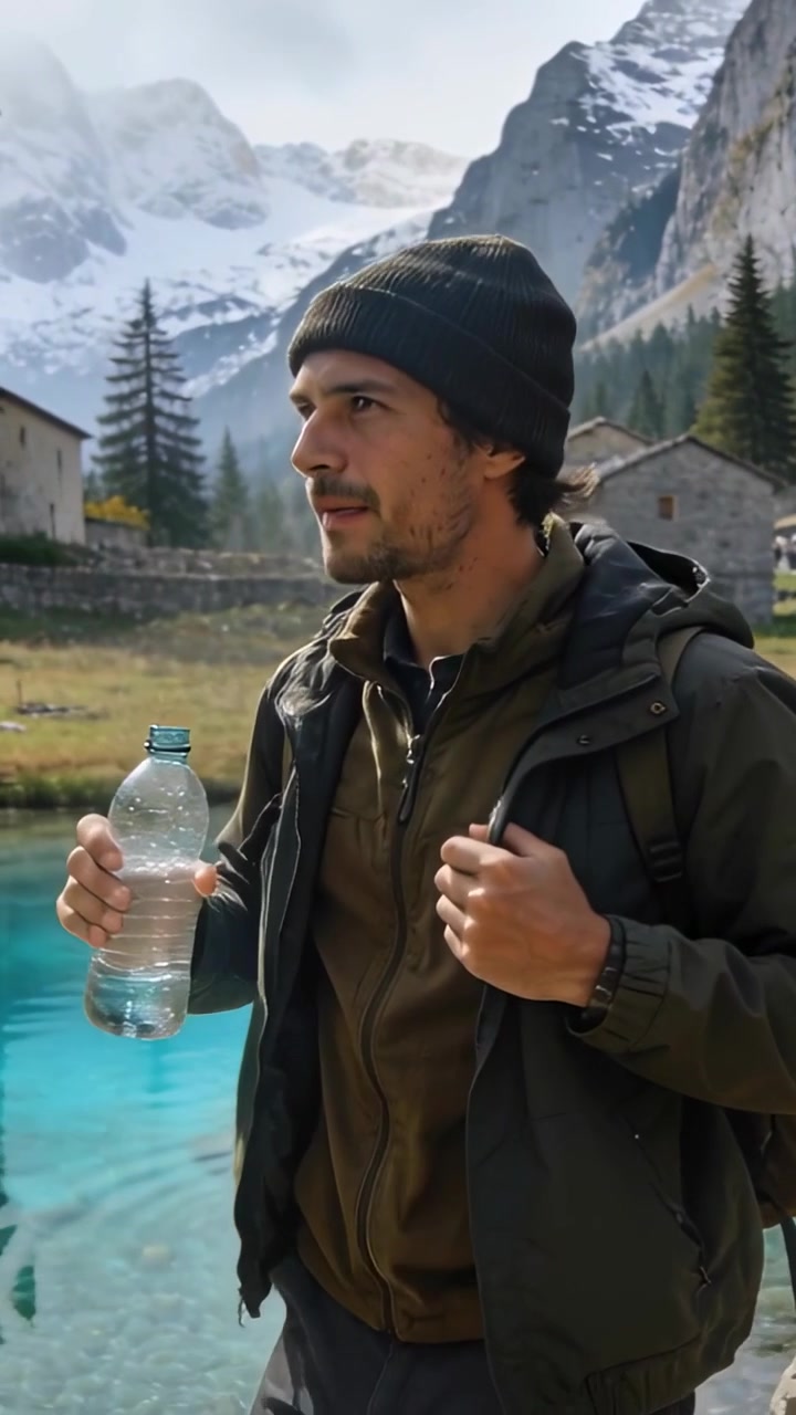 Video verticale: Escursionista in pausa che sorseggia acqua vicino a un lago turchese, con un cappellino, tenendo lo zaino per idratarsi.