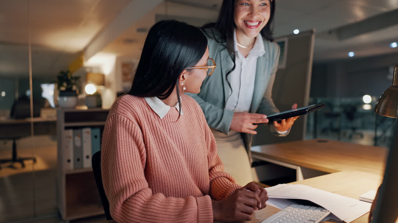 Computer, tablet and business people teamwork