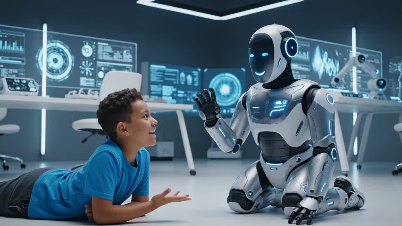 Young Boy Interacting with a Robot in a Futuristic Science Lab