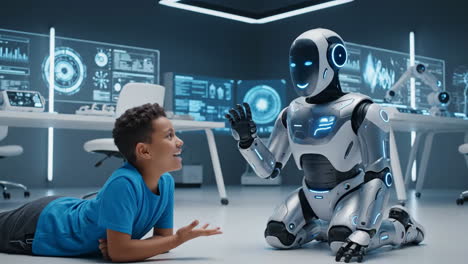 young boy interacting with a robot in a futuristic science lab