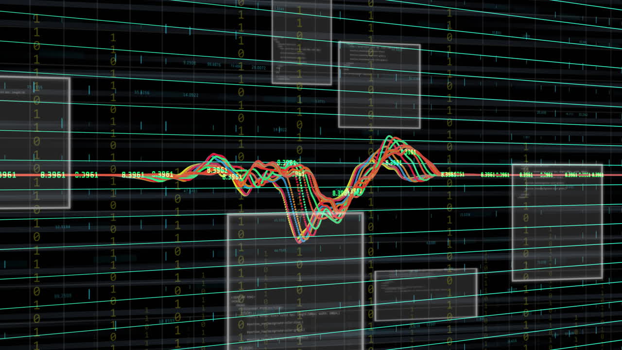 Animation of data processing and diagram over digital screens