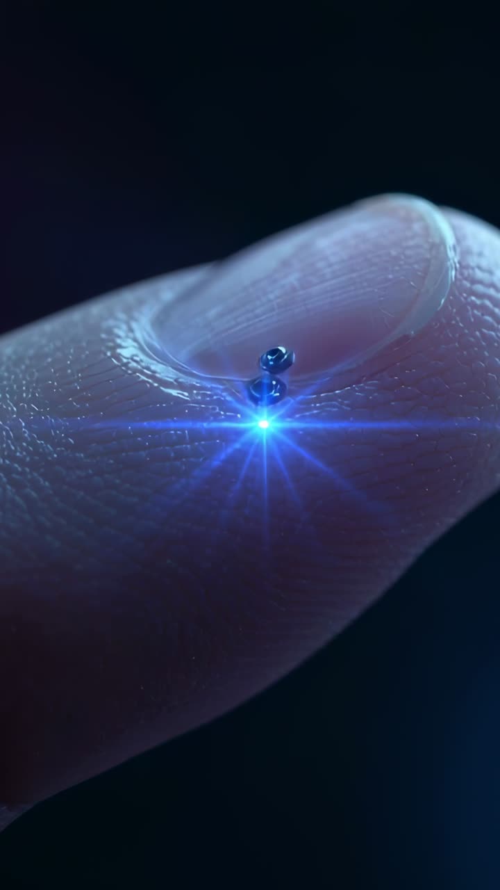 Vertical video: Glowing blue point sparking fingertip reflecting beads at macro closeup, with flare