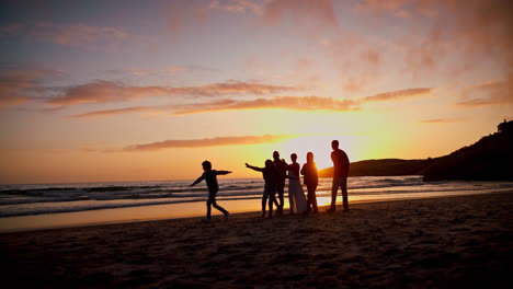 sunset, running and silhouette of family