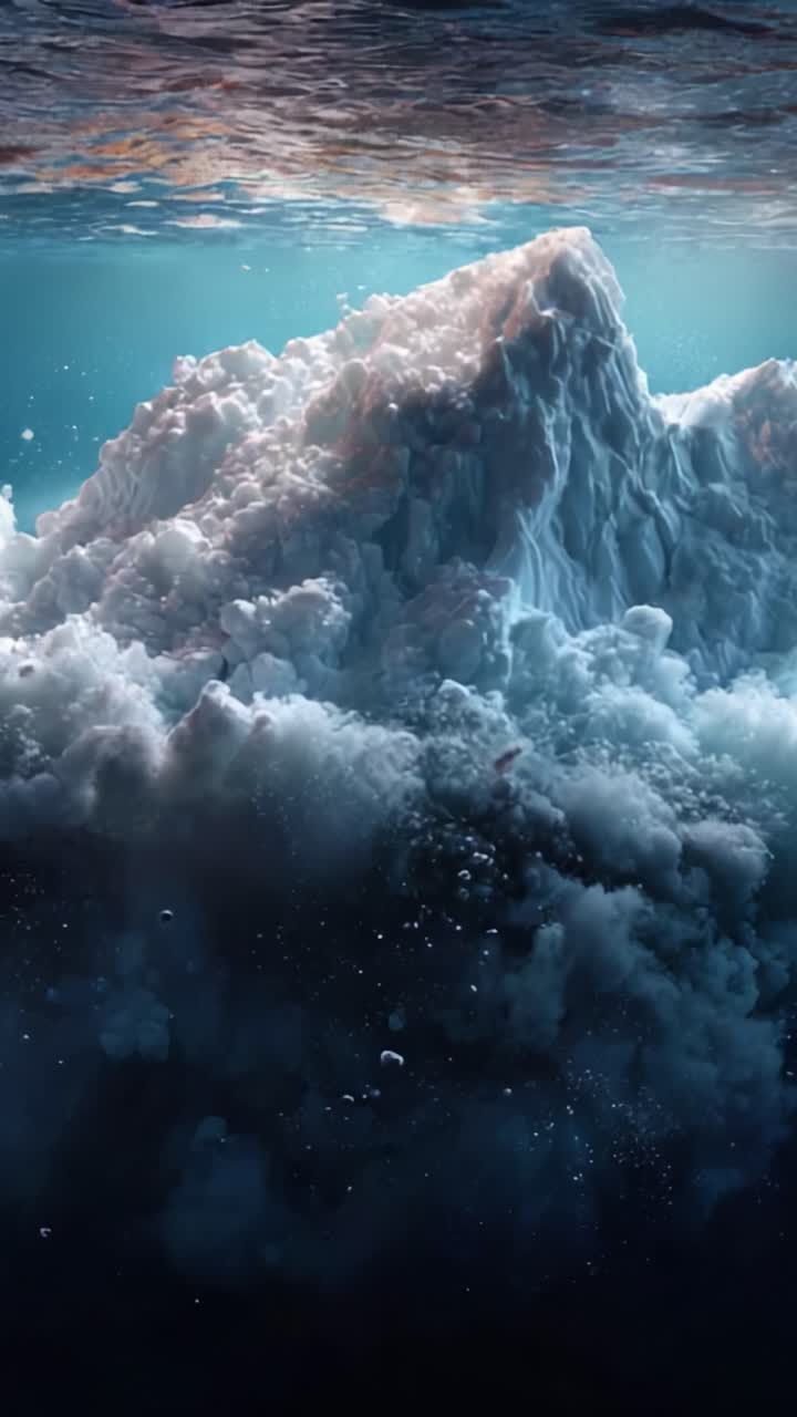 A majestic iceberg rises above the sea surface, surrounded by splashes of water and traces of foam, capturing the beauty and power of nature in stunning detail