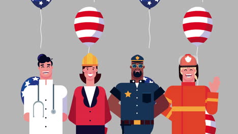 happy labor day celebration with workers and usa flag in balloons helium