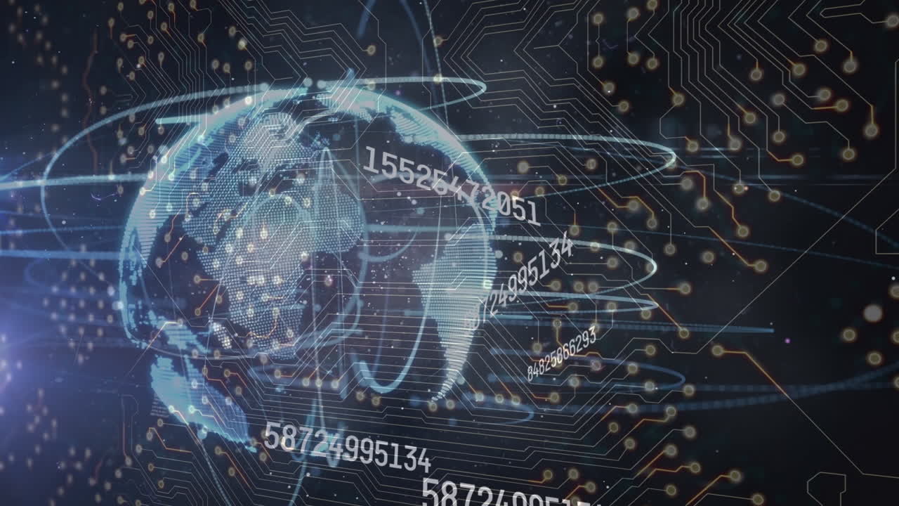 Animation of integrated circuit over globe and lights in navy space