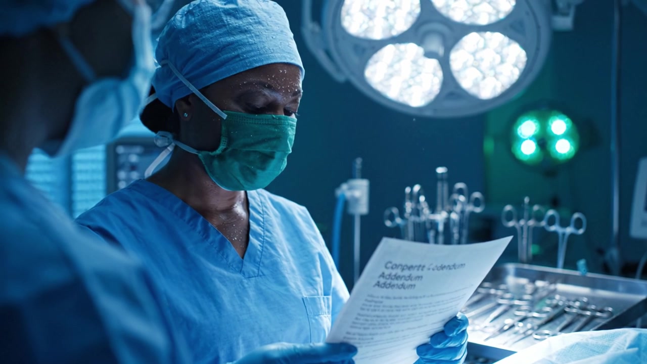 Soustředěný člen chirurgického týmu analyzující dokumentaci zákroku pod jasnými světly operačního sálu v profesionálním zdravotnickém prostředí