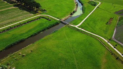 aerial view of dutch countryside with canal and paths